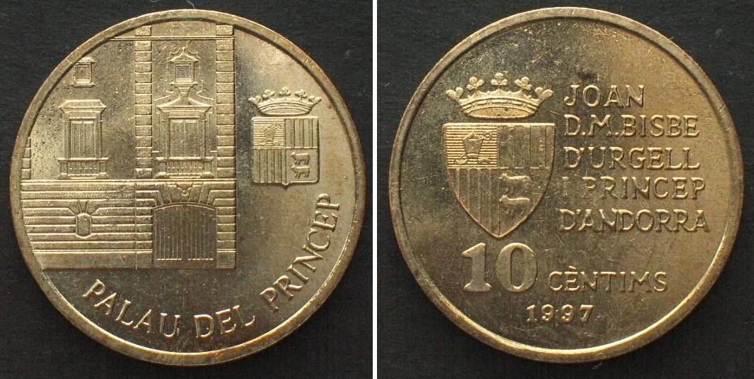 1997 ANDORRA 10 Centims 1997 Palau del Princep JOAN BISBE D'URGELL I brass UNC-
