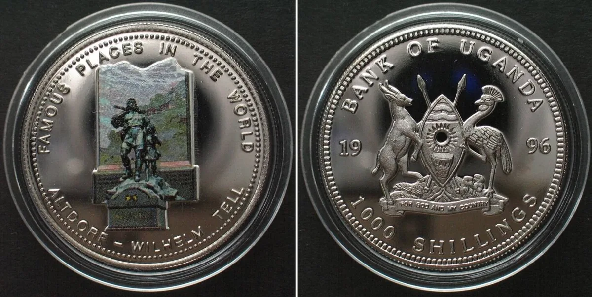 1996 UGANDA 1000 Shillings 1996 ALTDORF - WILHELM TELL Cu-Ni colored Proof