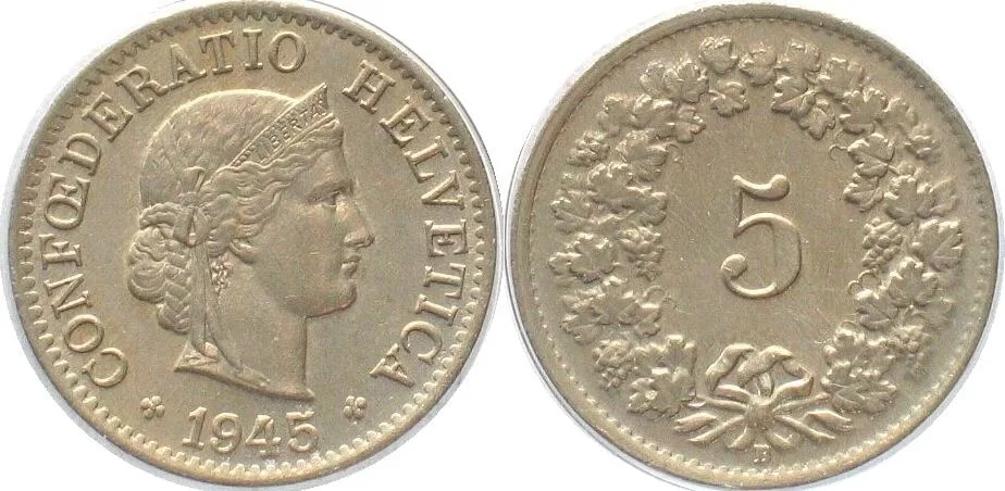 1945 SWITZERLAND 5 Rappen 1945 Cu-Ni SCARCE DATE! UNC!