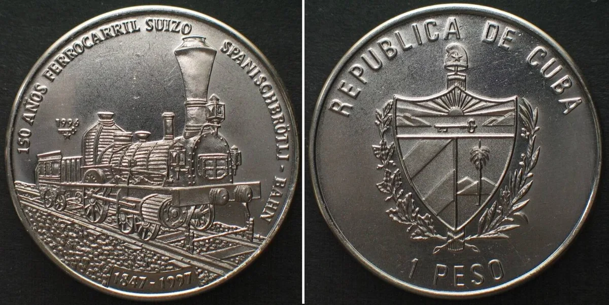 1996 CUBA 1 Peso 1996 Railways 150th ANN. OF SWISS RAILWAYS Cu-Ni UNC
