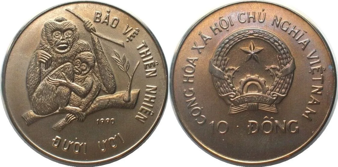 1990 VIETNAM 10 Dong 1990 Crested gibbons WWF Cu-Ni BU