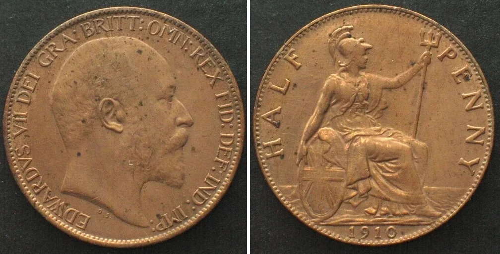 1910 GREAT BRITAIN Half Penny 1910 EDWARD VII bronze AU!
