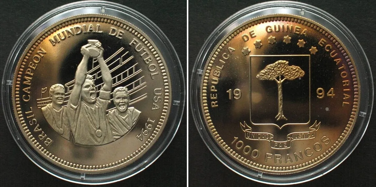 1994 EQUATORIAL GUINEA. 1000 Francos 1994, Soccer World Cup, Brazil champion, Cu-Ni Proof