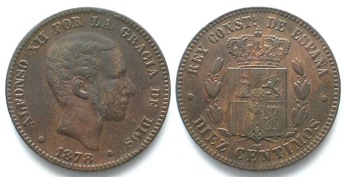 1878 SPAIN 10 Centimos 1878 ALFONSO XII bronze XF! EF