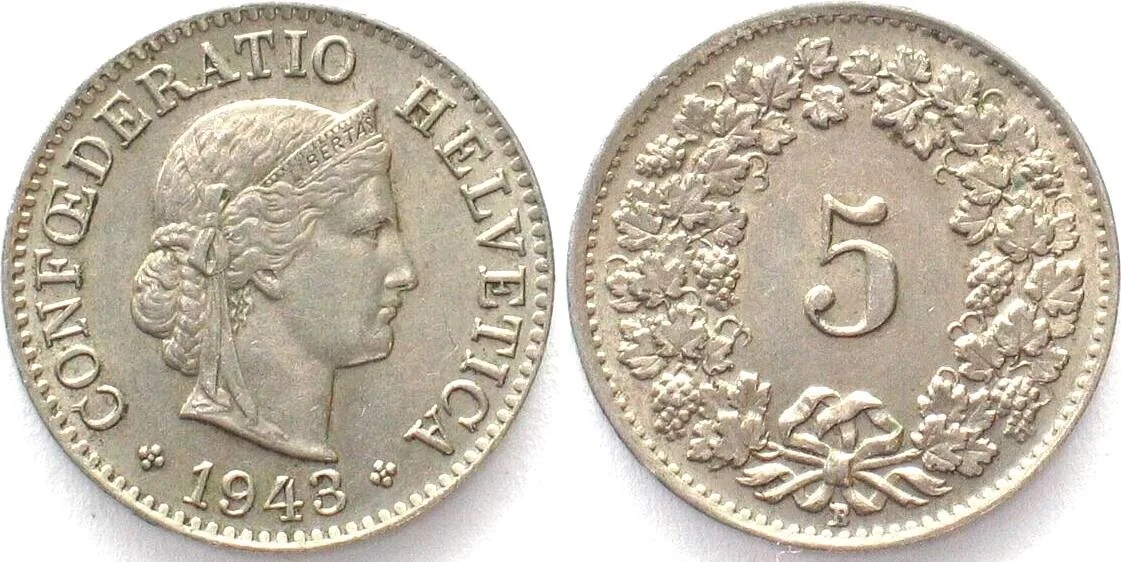 1943 SWITZERLAND 5 Rappen 1943 Cu-Ni UNC!