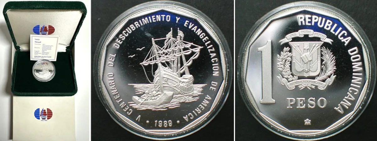 1989 DOMINICAN REPUBLIC 1 Peso 1989 Ships COLUMBUS DISCOVERY silver 1 oz Proof