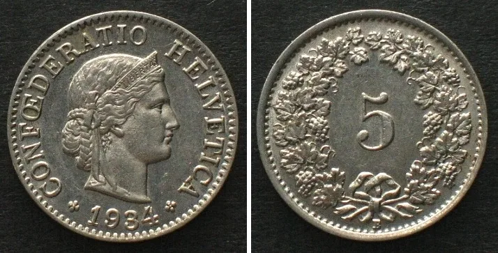 1934 SWITZERLAND 5 Rappen 1934 nickel UNC!