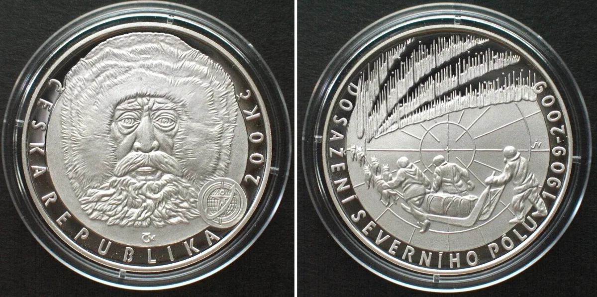 200 Kronen 2009 CZECH REPUBLIC. 200 Korun 2009, North Pole, ROBERT PEARY silver Proof