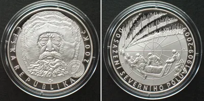200 Kronen 2009 CZECH REPUBLIC. 200 Korun 2009, North Pole, ROBERT PEARY silver Proof
