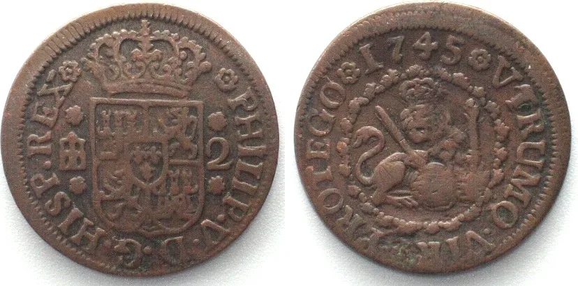 1745 SPAIN. 2 Maravedis 1745, Segovia mint, PHILIP V copper VF-XF