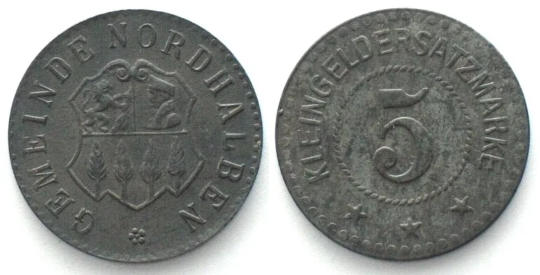 1917-1921 Germany NORDHALBEN (Bavaria) 5 Pfennig ND, NOTGELD, zinc AU, RARE! UNC