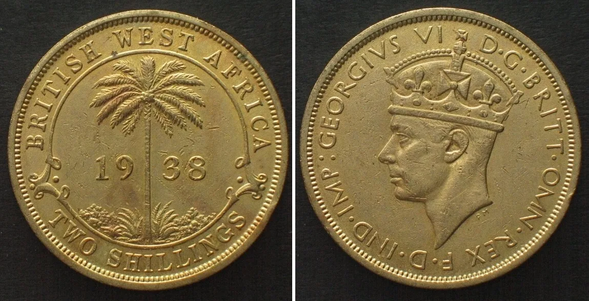 1938 BRITISH WEST AFRICA. 2 Shillings 1938 H, GEORGE VI Nickel-Brass AU!
