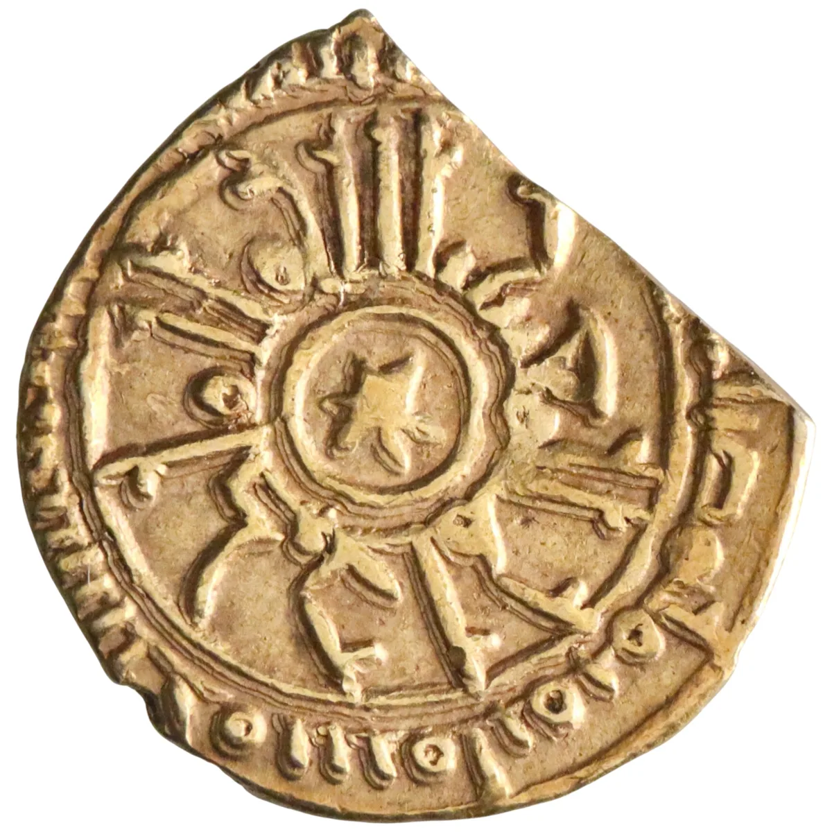 Sicily: Roger II (1105-1154), gold tari (0.93g), Messina mint, AH 536 (1141-1142 CE). Roger cited with title al-Mu'tazz.