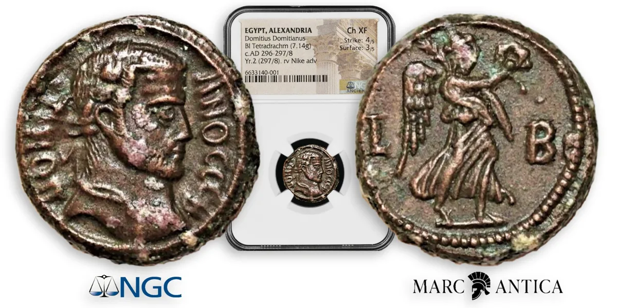 Domitius Domitianus billon Tetradrachm of Alexandria, Egypt. Dated year 2 = AD 297/8.