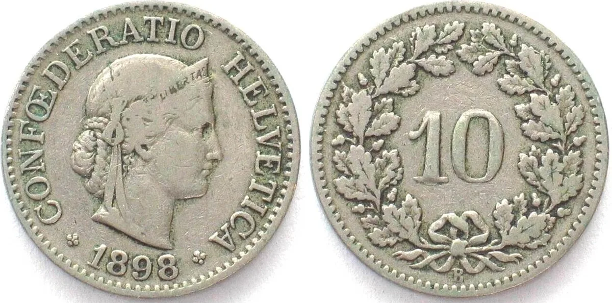 1898 SWITZERLAND 10 Rappen 1898 Cu-Ni F+ SCARCE YEAR! VF-