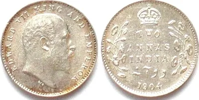 1904 BRITISH INDIA 2 Annas 1904 EDWARD VII silver UNC!