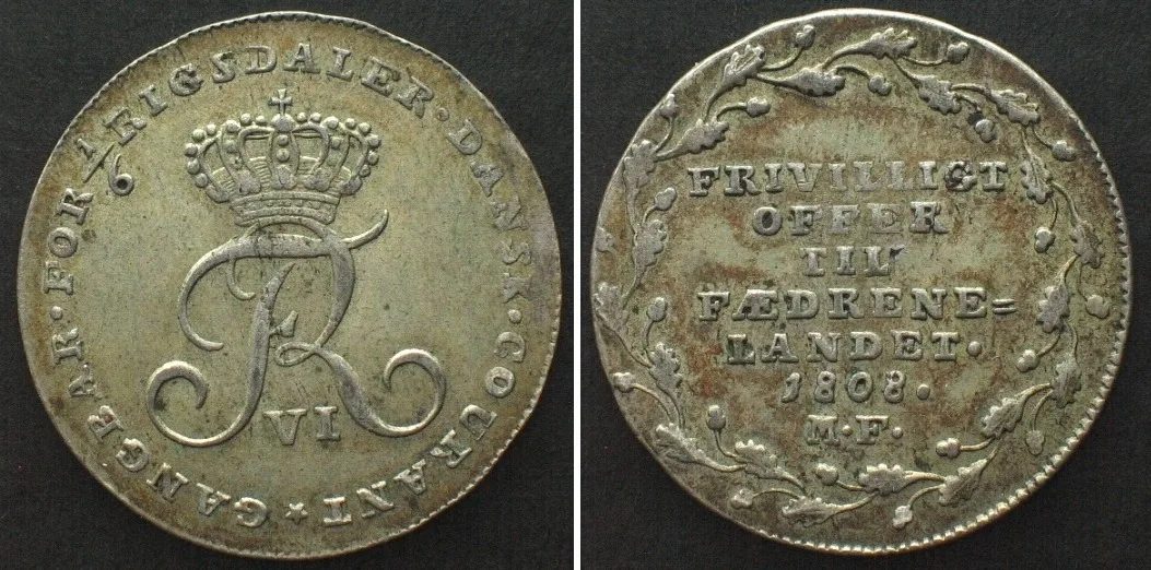 1808 DENMARK. 1/6 Rigsdaler 1808 MF, FREDERIK VI silver AU!