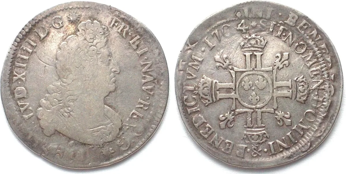 1704 FRANCE 1/2 Ecu 1704 & Aix LOUIS XIV silver, triple overstrike! VF+