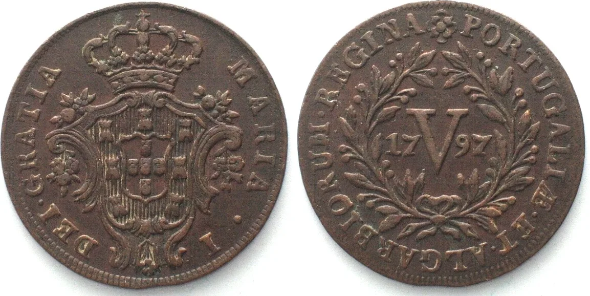 1797 PORTUGAL. 5 Reis 1797, MARIA I, copper AU!