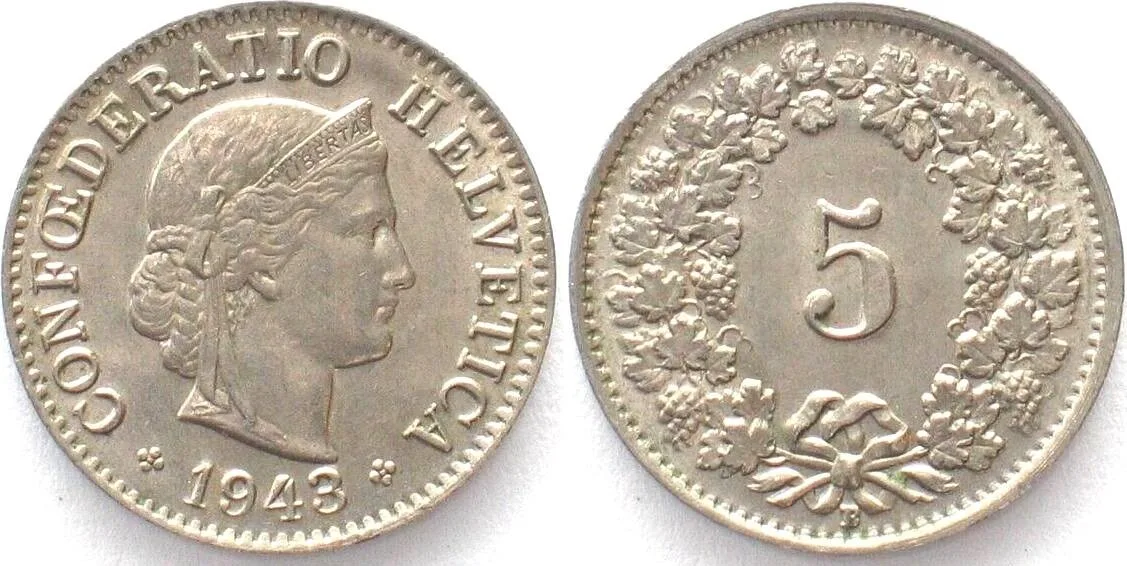 1943 SWITZERLAND 5 Rappen 1943 Cu-Ni UNC!
