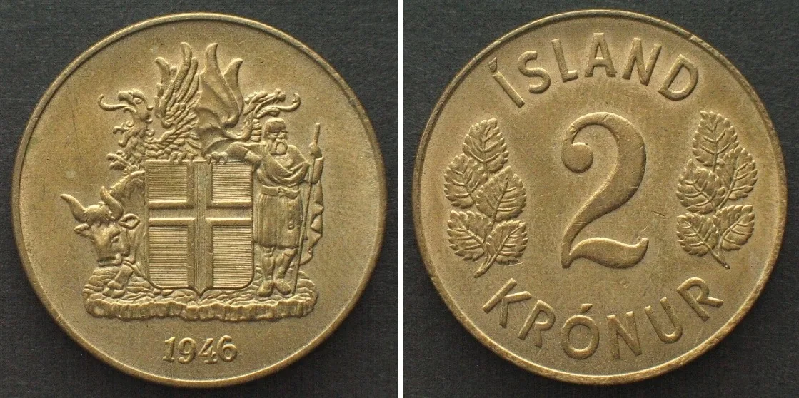 1946 ICELAND 2 Kronur 1946 Al-Bro UNC!