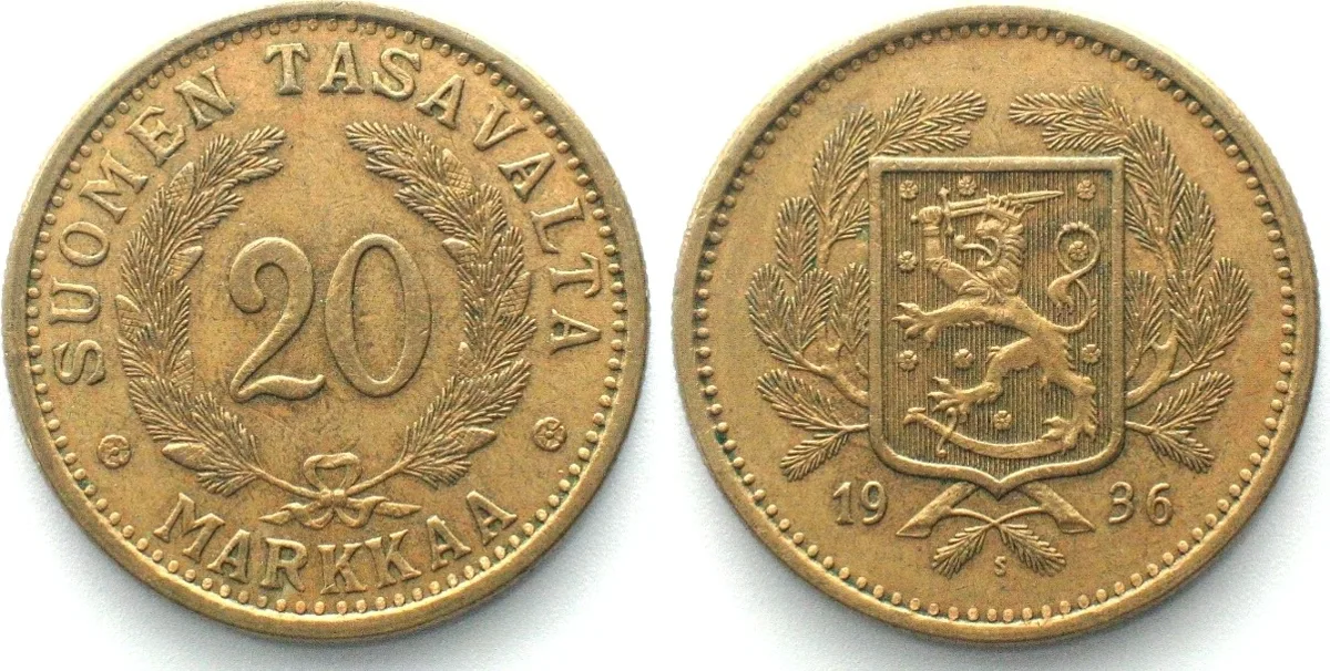1936 FINLAND 20 Markkaa 1936 Al-Bro AU!