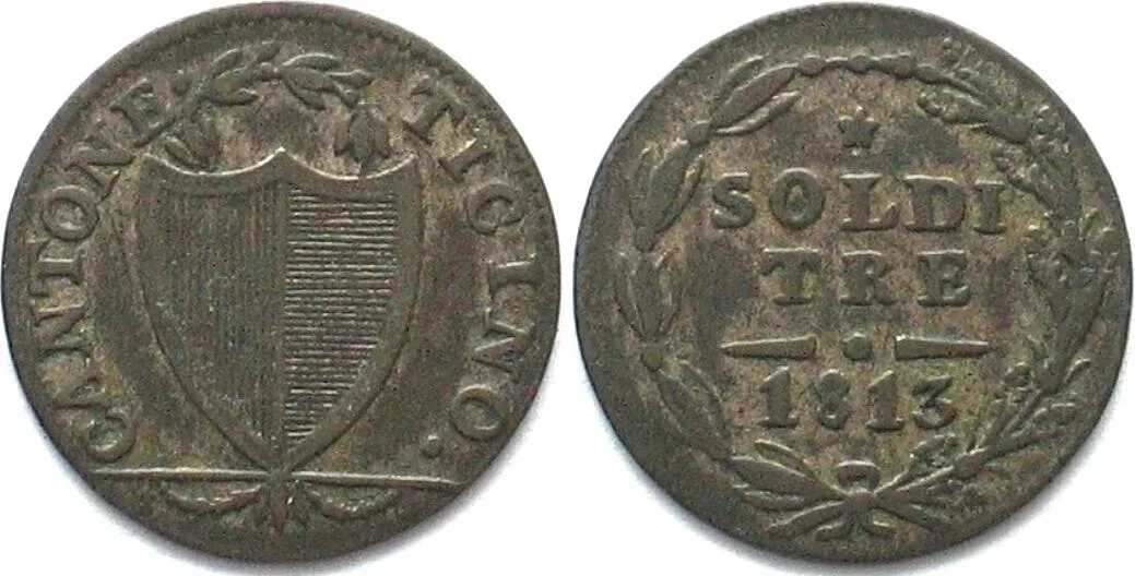 1813 Swiss TICINO 3 Soldi 1813 mint mark * billon aXF! EF-