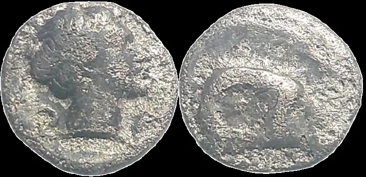 Caria, Kasolaba 400-340 BC, AR 7.4mm .42gm Hemiobol, Head of Ram / Male hd rt.