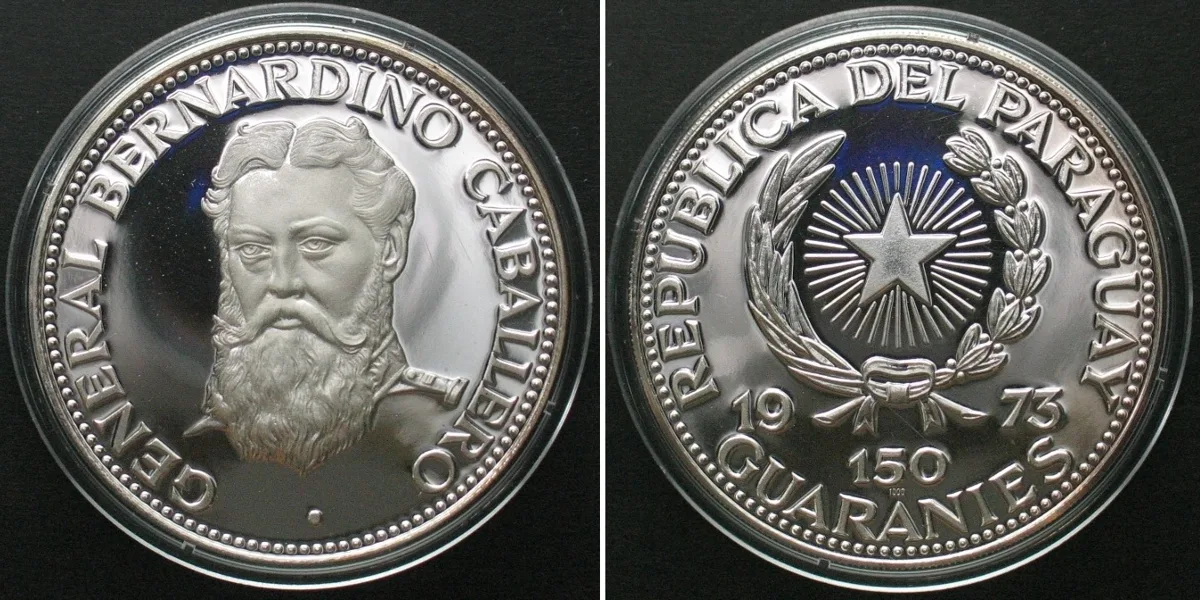 1973 PARAGUAY. 150 Guaranies 1973, BERNARDINO CABALLERO, silver Proof RARE! Proof