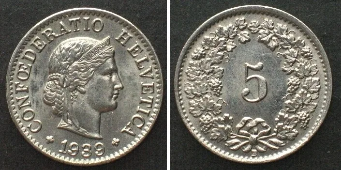 1939 SWITZERLAND 5 Rappen 1939 nickel UNC!