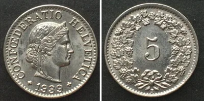 1939 SWITZERLAND 5 Rappen 1939 nickel UNC!