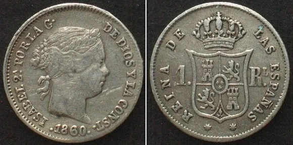 1860 SPAIN. 1 Real 1860, 7-pointed star Seville, ISABEL II, silver SCARCE! VF-XF VF-EF