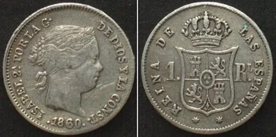 1860 SPAIN. 1 Real 1860, 7-pointed star Seville, ISABEL II, silver SCARCE! VF-XF VF-EF