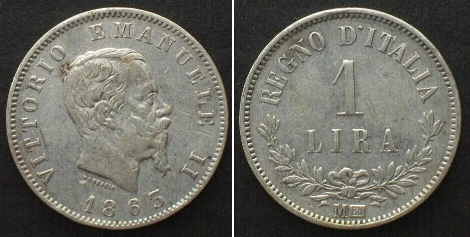 1863 ITALY. 1 Lira 1863 M BN, VITTORIO EMANUELE II, silver VF-XF VF-EF