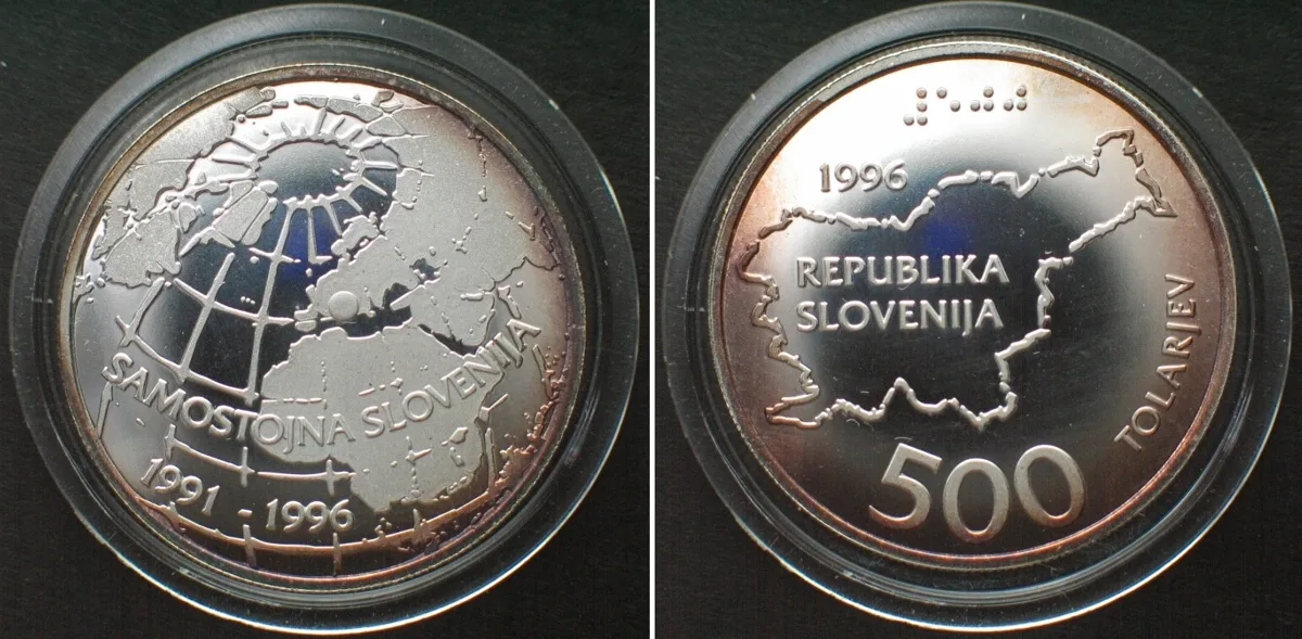 1996 SLOVENIA 500 Tolarjev 1996, 5th ANN. of INDEPENDENCE, silver Proof, SCARCE! Proof