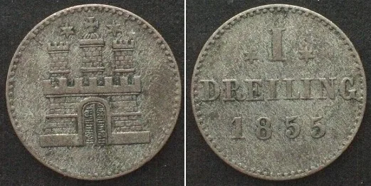 1855 German States HAMBURG Dreiling 1855 billon VF+