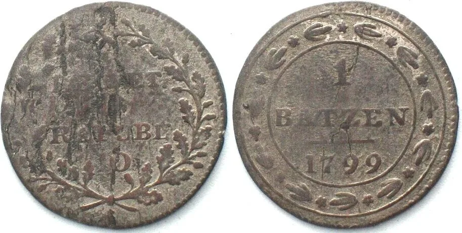 1799 Switzerland HELVETIC REPUBLIC Batzen 1799 S - MINT ERROR - billon aXF! EF-