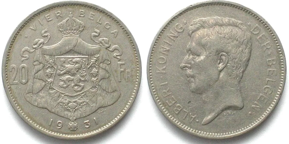 1931 BELGIUM 20 Frank (VIER BELGA) 1931 Pos. A ALBERT I nuckel VF+
