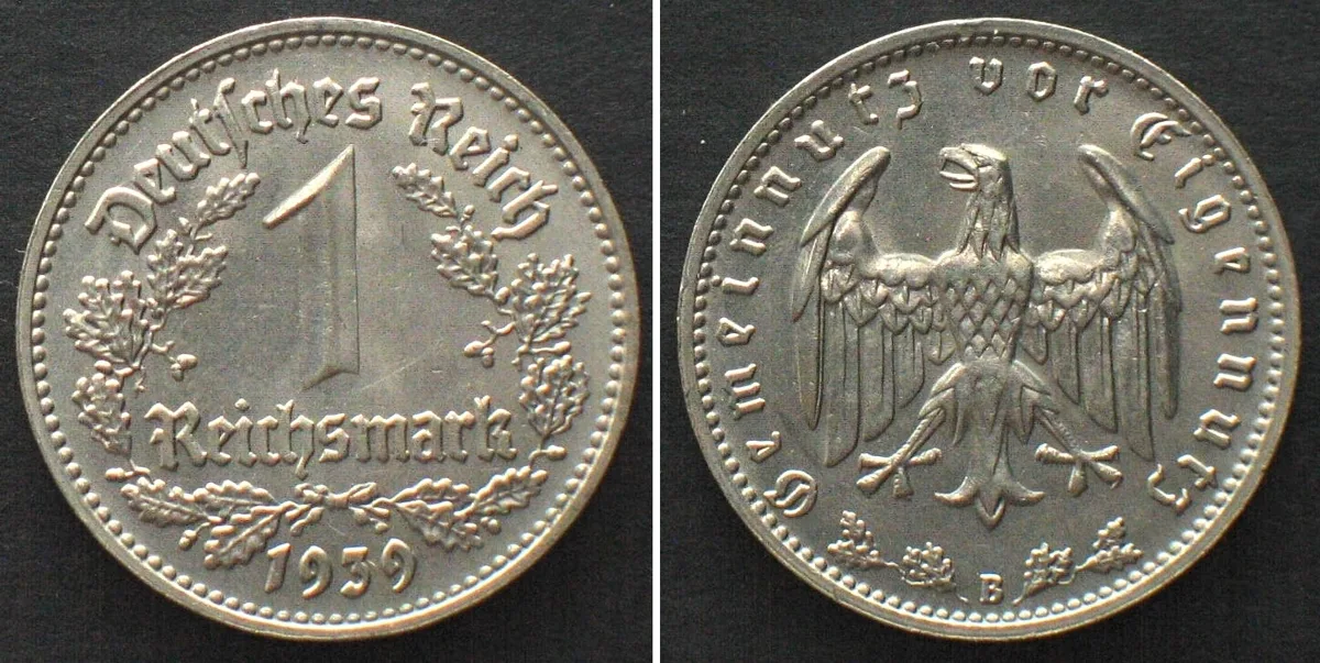 1 Reichsmark 1939 German THIRD REICH 1 Reichsmark 1939 B, Vienna mint, nickel, KEY DATE! UNC!!! AU