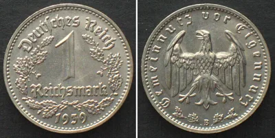 1 Reichsmark 1939 German THIRD REICH 1 Reichsmark 1939 B, Vienna mint, nickel, KEY DATE! UNC!!! AU