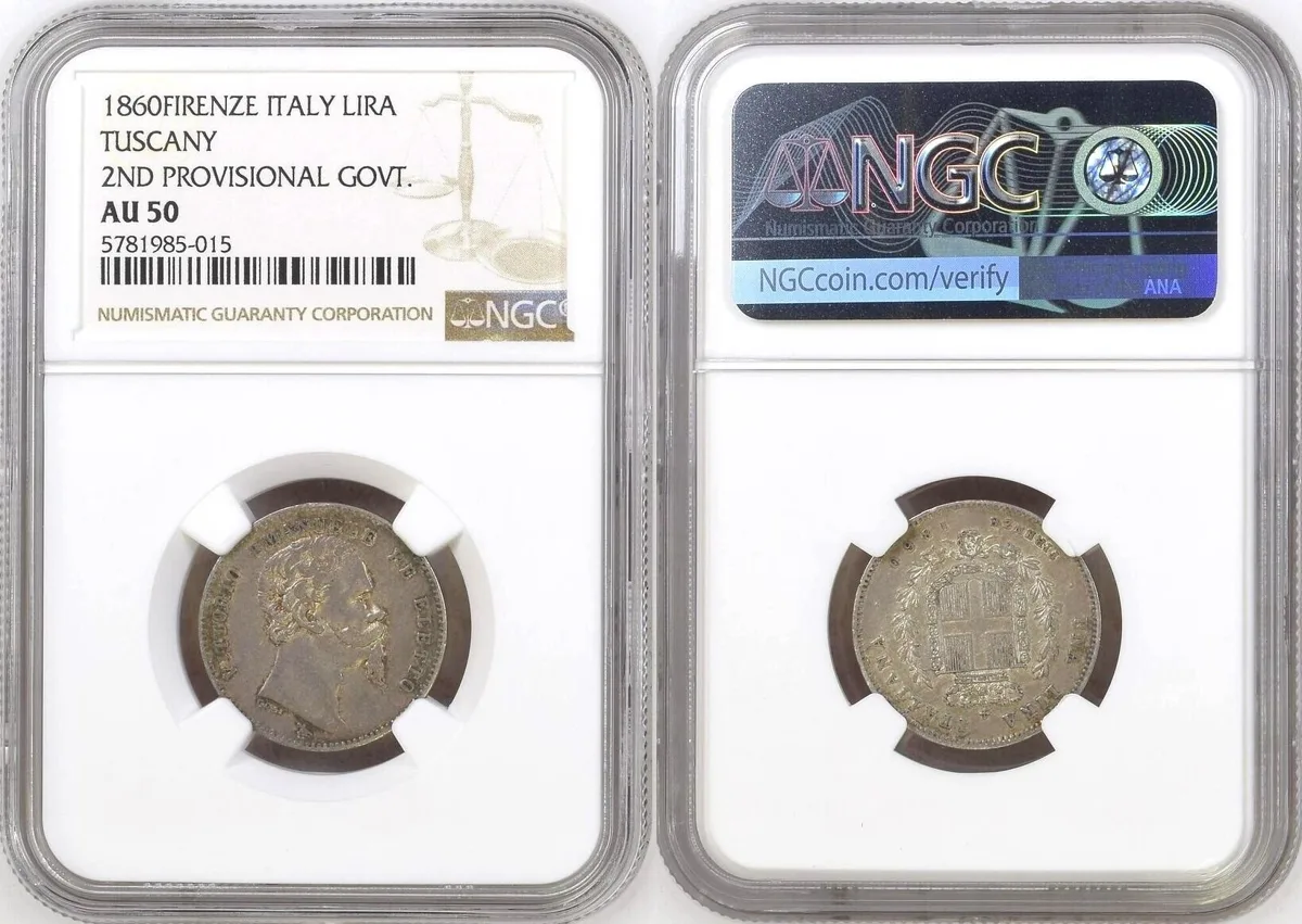 LIRA 1860 FIRENZE Italy EMILIA 1 Lira 1860 Firenze VITTORIO EMANUELE II silver NGC AU 50 !!! NGC AU 50