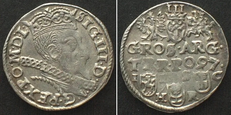 1597 POLAND 3 Groschen (Trojak) 1597 IF SC, Bromberg mint, SIGISMUND III silver UNC-!
