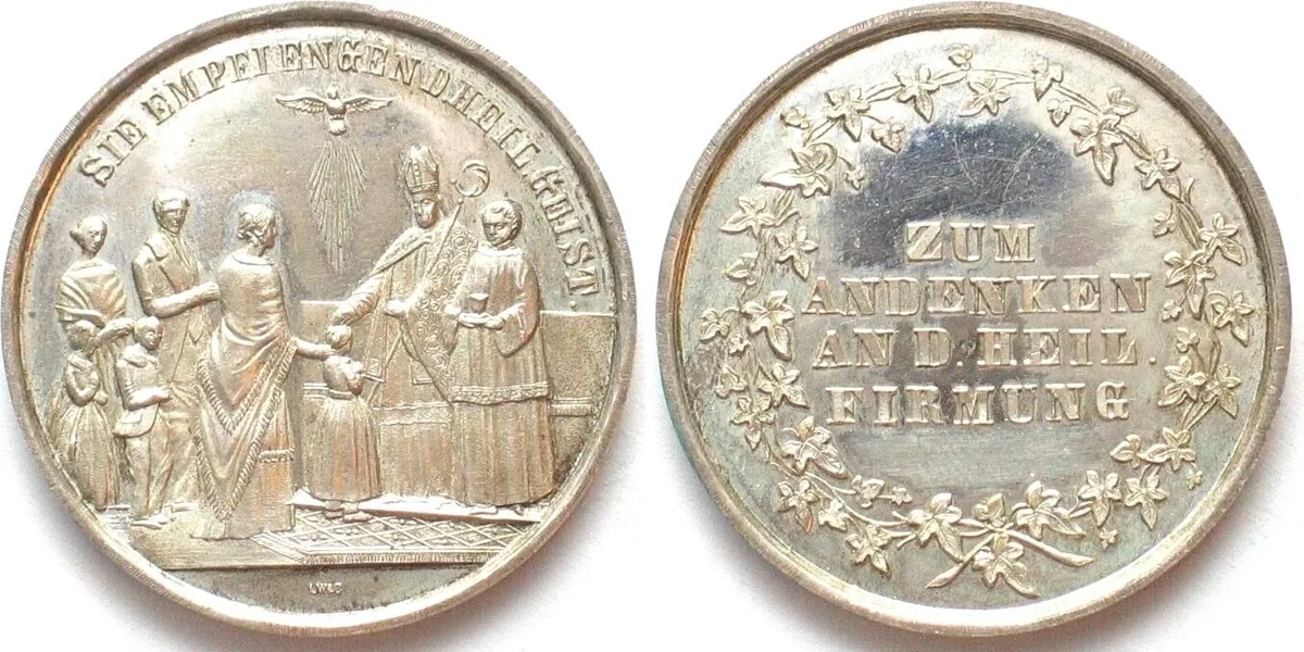 1850 German Confirmation Medal about 1850, white metal, 38mm UNC-