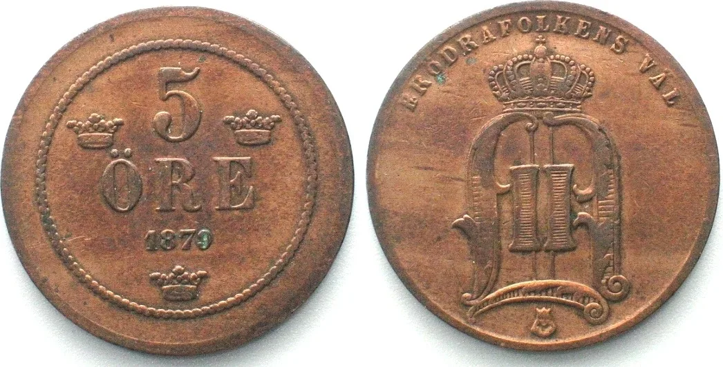 1879 SWEDEN. 5 Öre 1879, OSCAR II, bronze, KEY DATE, VF-XF VF-EF