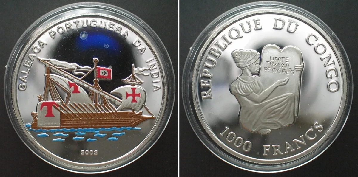 2002 CONGO 1000 Francs 2002 GALEACA PORTUGUESA DA INDIA silver COLORED, RARE! Proof