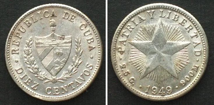 1949 CUBA. 10 Centavos 1949, silver UNC-!