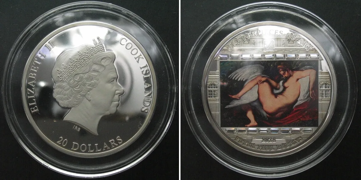 2014 COOK ISLANDS 20 Dollars 2014, Leda & the Swan, silver 3 oz, w. Swarovski Proof