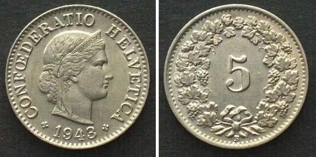1943 SWITZERLAND 5 Rappen 1943 Cu-Ni UNC!