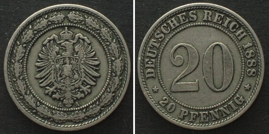 1888 Germany EMPIRE 20 Pfennig 1888 A Cu-Ni VF-XF VF-EF