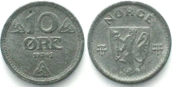 1942 NORWAY 10 Ore 1942, WW II GERMAN OCCUPATION zinc UNC-!